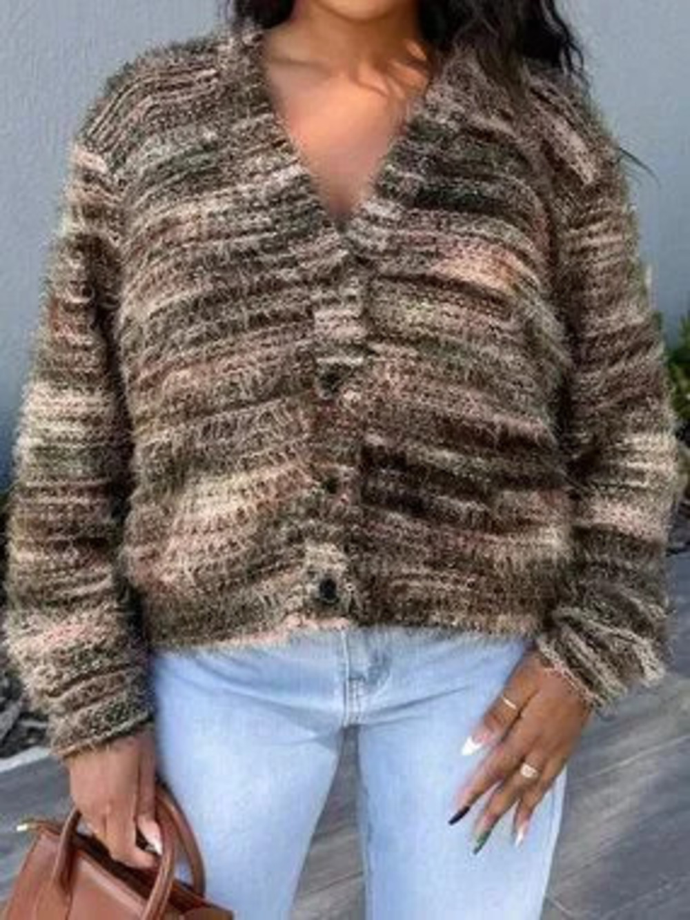 ZARA Multicolor Casual Women's Oversized Textured Stripe Knit Cardigan